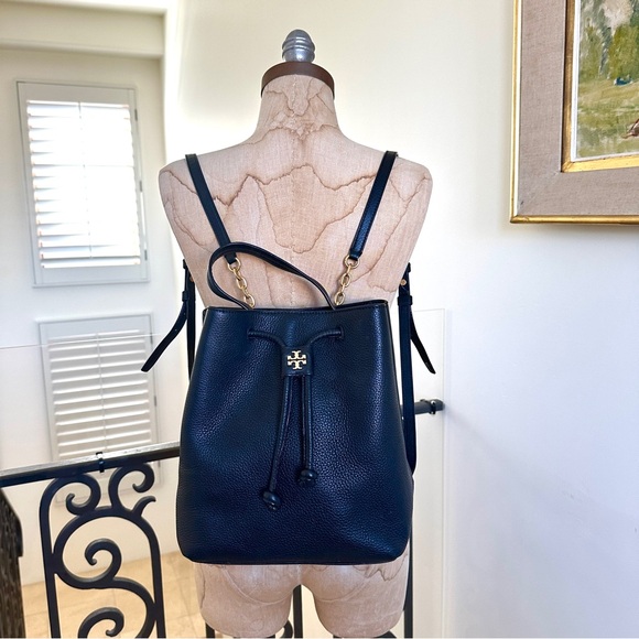 Tory Burch Georgia Leather Backpack Bucket Bag Black Purse - Picture 5 of 9